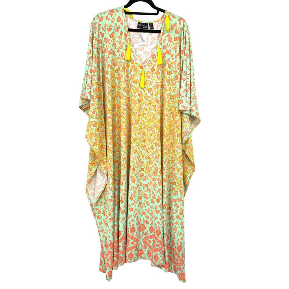 Attitudes By Renee Maxi Muu Muu Dress Womens Size Large Green Coral Floral Print